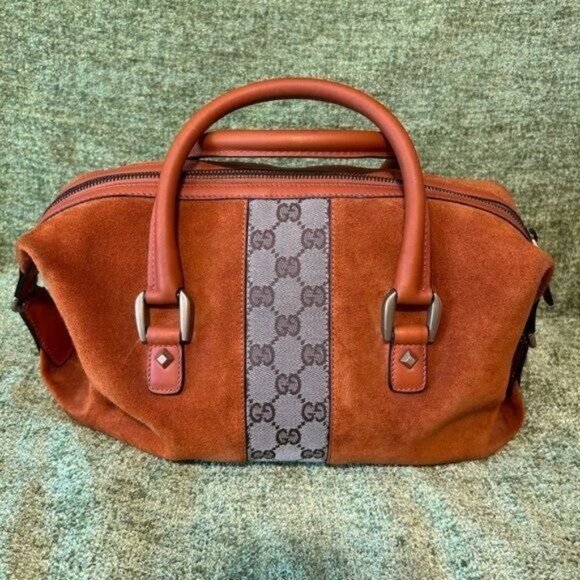 Vintage Gucci Boston monogram Orange Suede and Leather & canvas GG Rockstud bag - Picture 3 of 16